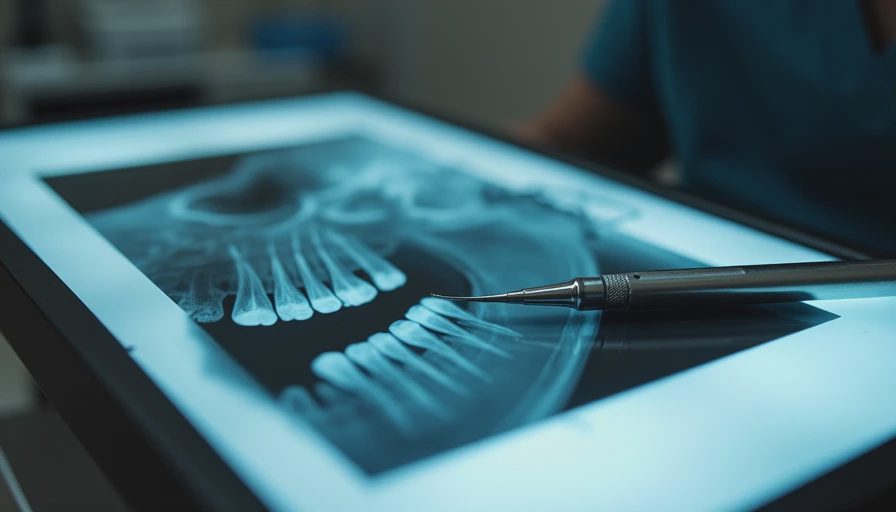 Dental probe, radiograph and oral-exam checklist on a stainless-steel veterinary table