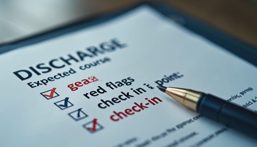 Discharge summary and pen on a stainless-steel exam table at the end of an appointment