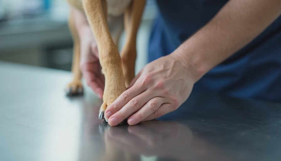 Veterinarian’s hands examining a dog’s hind leg joint on a stainless-steel exam table
