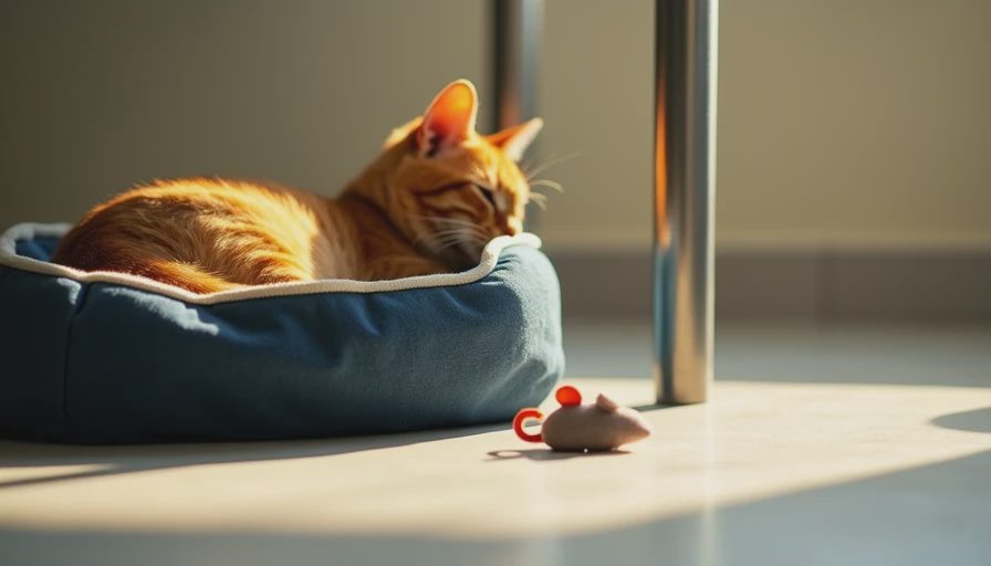 Sunlit clinic floor with a navy cat bed and soft afternoon light near a stainless-steel table