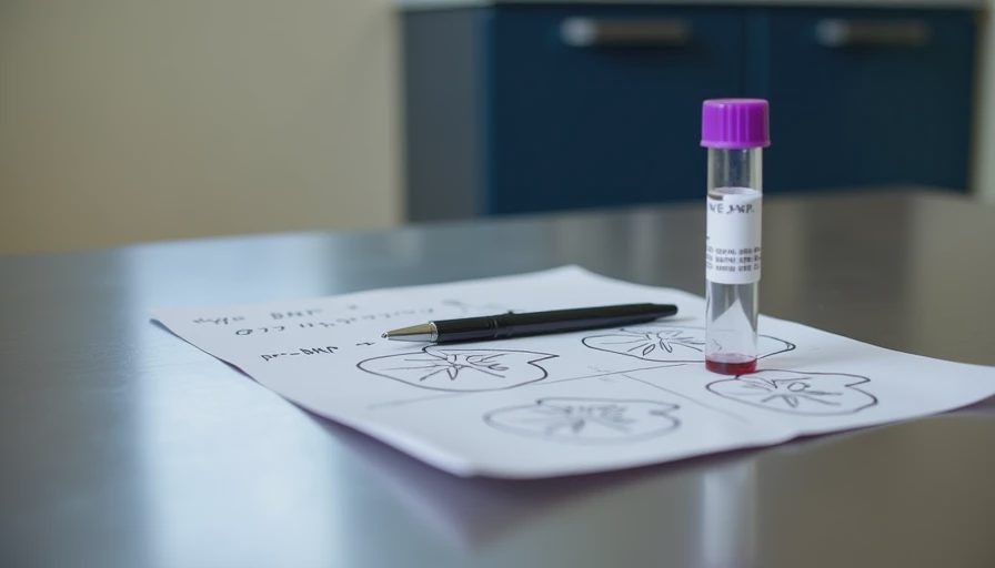 Veterinary exam table with cardiac test printout, blood tube and diet-related notes under soft natural light