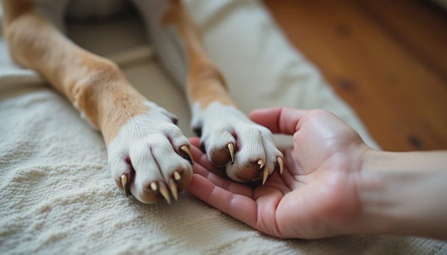 Close-up of a dog paw being gently examined on a kitchen towel during a home checkup