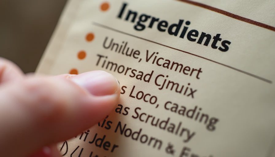 Close-up of a pet food ingredient list with the first five ingredients clearly visible