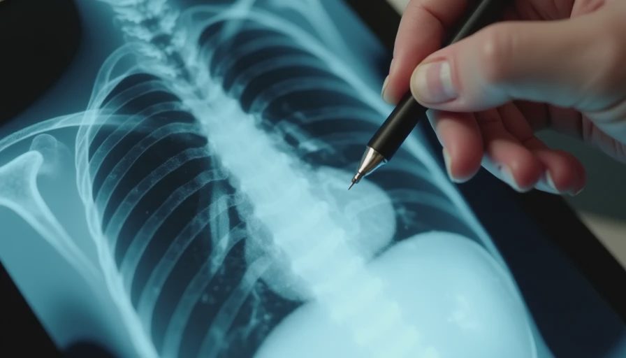 Stethoscope and thoracic radiograph on a stainless-steel veterinary exam table