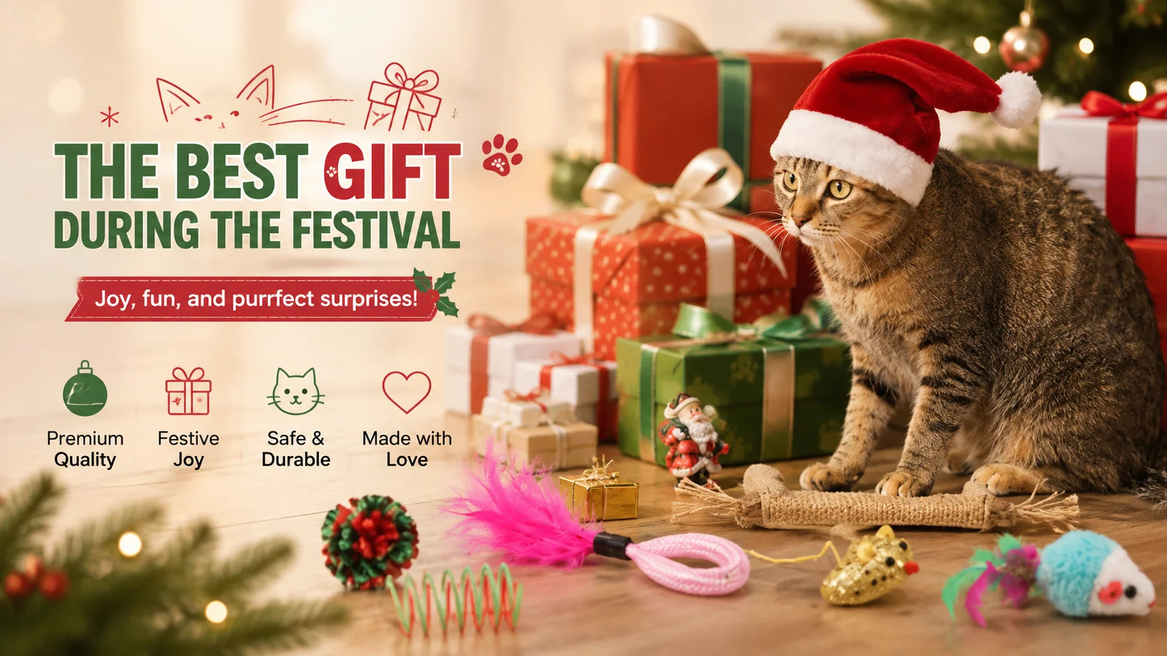 Christmas cat toy gift set with Santa hat cat surrounded by wrapped holiday presents.