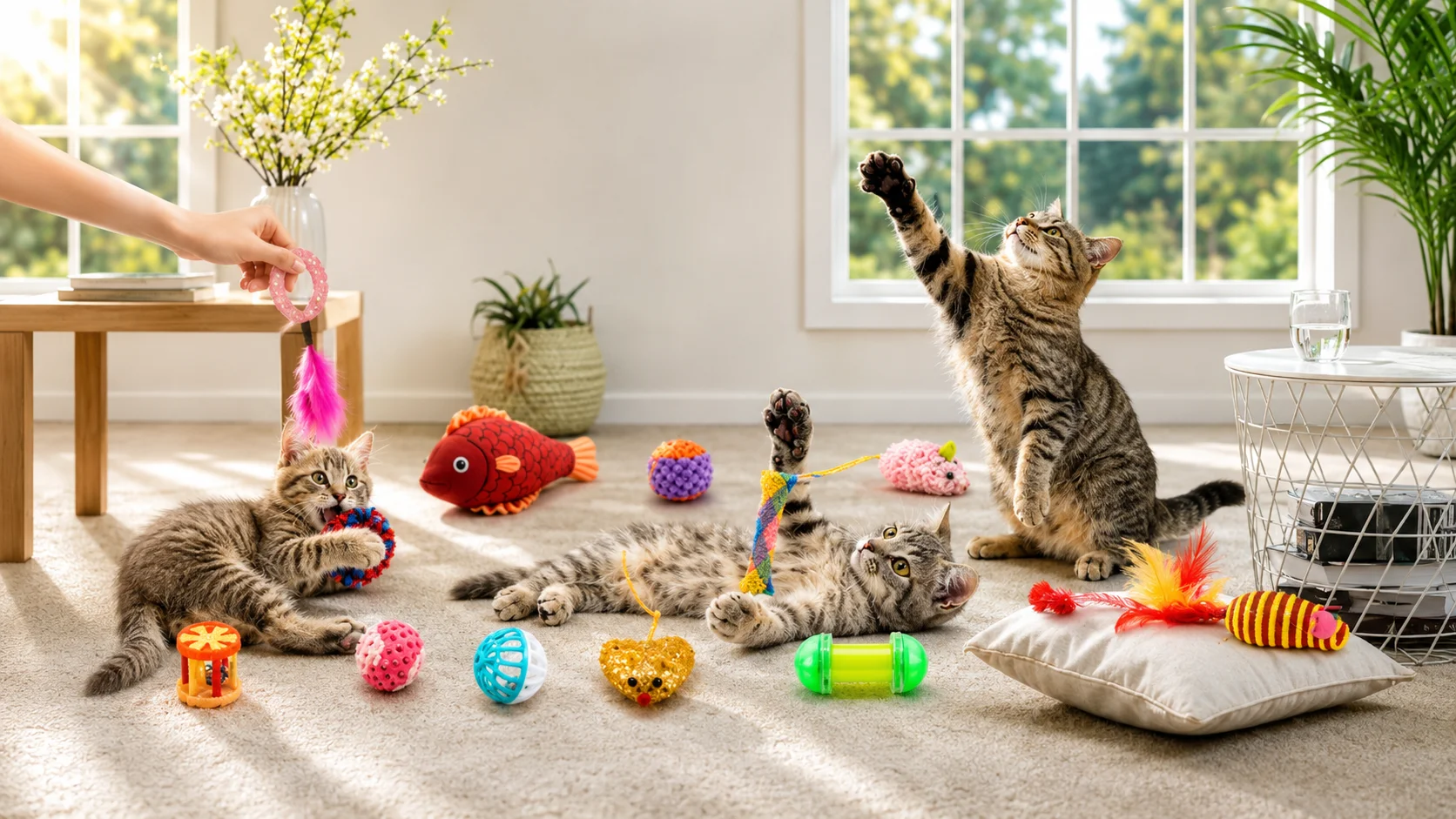 Cat toy variety pack with feather wands, crinkle balls, catnip mice, and plush fish.