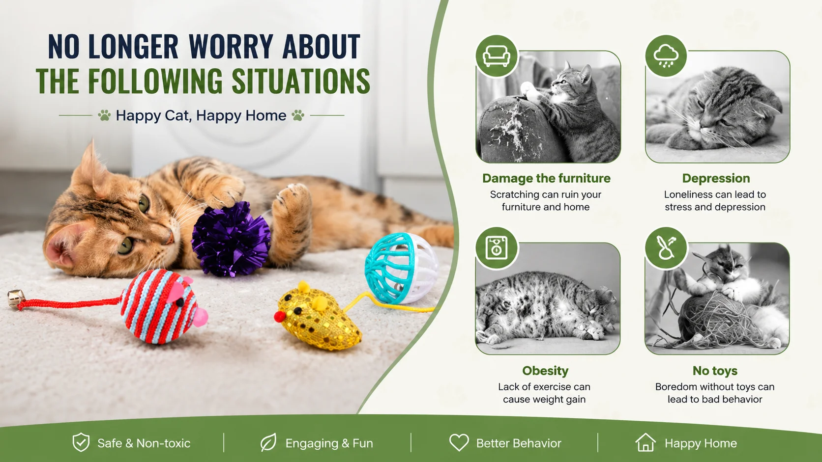 Interactive cat toys to prevent furniture scratching, cat depression, obesity, and boredom.