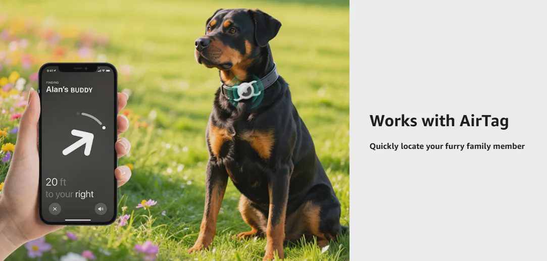 The AirTag on the collar relies on nearby Apple devices